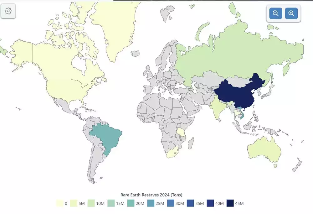 World Map with tonnage of rare earths World Map with tonnage of rare earths
